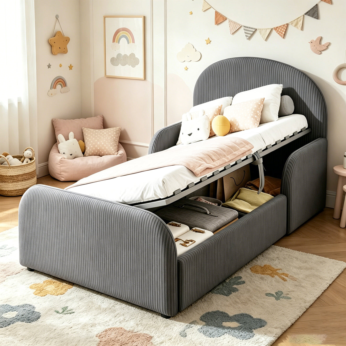 Children's Upholstered Bed 90x200 Hydraulic Storage, Grey Velvet