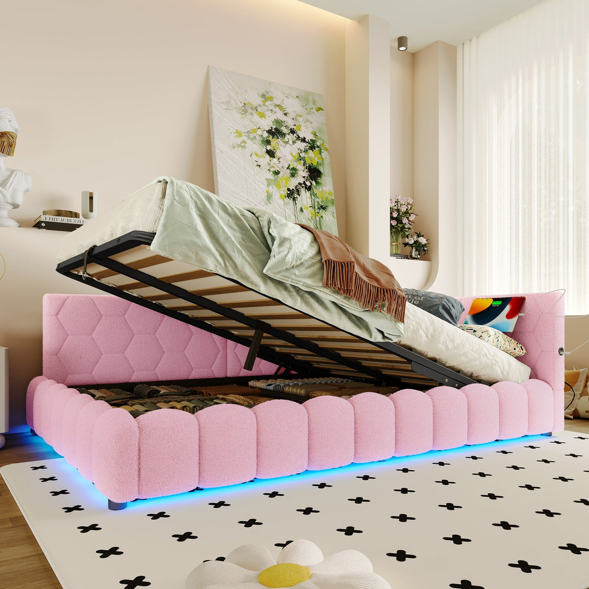 Daybed Sofa Bed 140x200cm Hydraulic Storage LED USB/Type-C - Imitation Fleece Pink