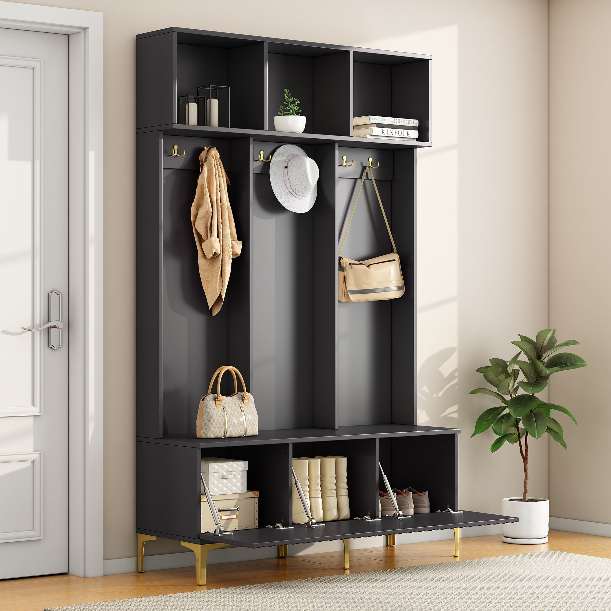 Wardrobe Set with Bench, Multifunctional Storage, Open Storage, 6 Golden Hooks, Black
