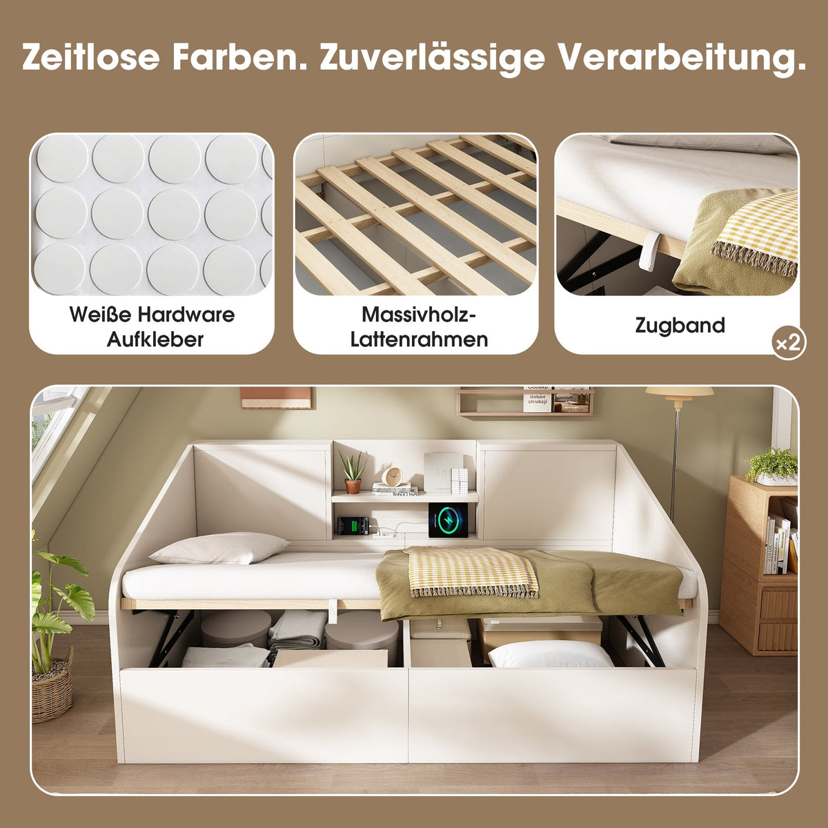 Hydraulic Daybed 90x190cm Storage USB/Type-C Charging 2 Shelves - White Wood