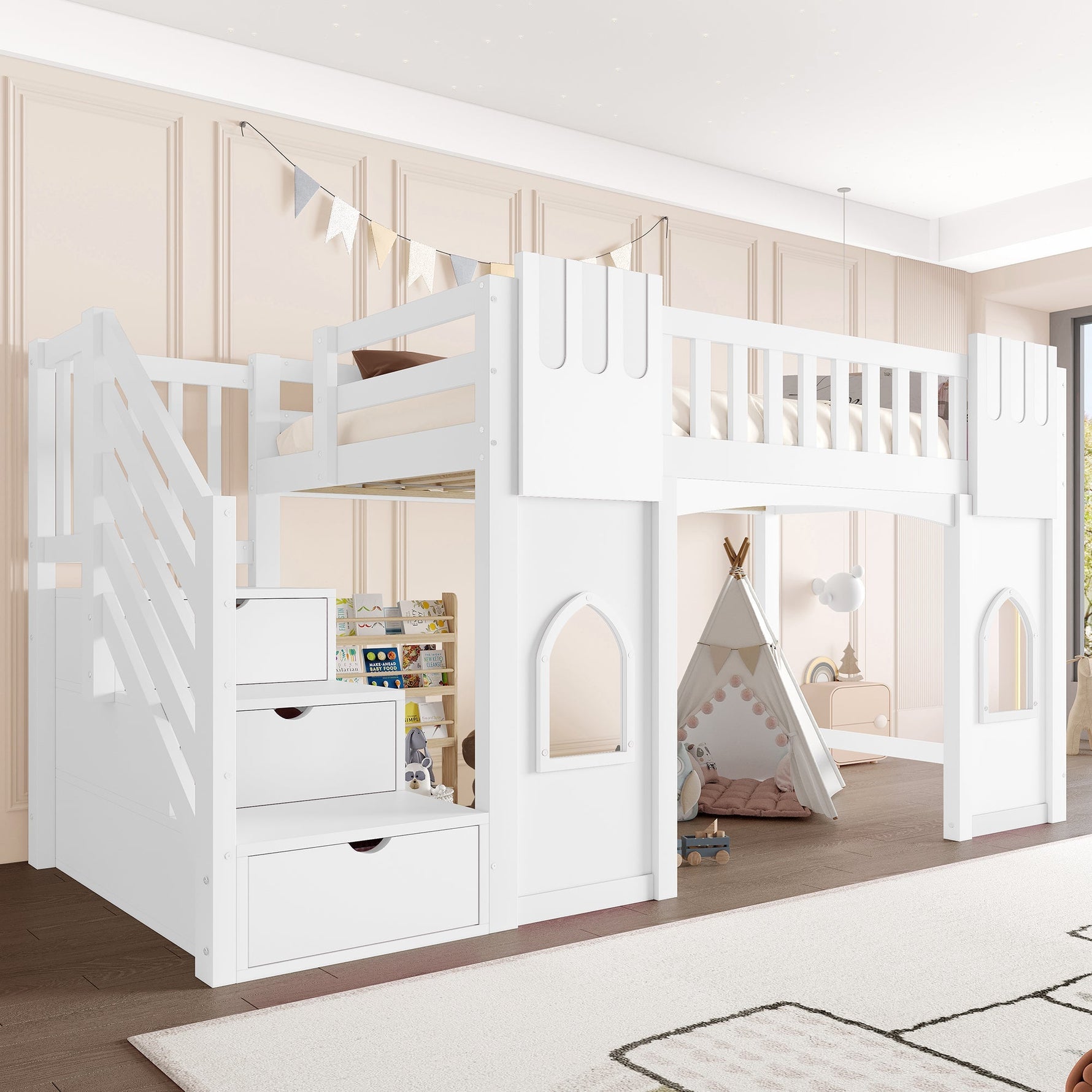 Loft Bed with Storage Stairs and Window, 90x200cm, White Pine Wood + MDF