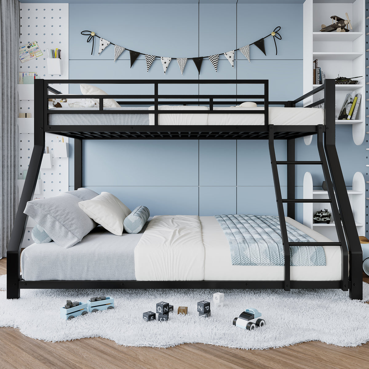 Bunk Bed 90x200 / 140x200 with Railing & Step, Black Metal