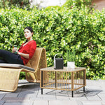 Polyrattan Garden Table, Weatherproof Side Table with Glass Top, Natural Wood