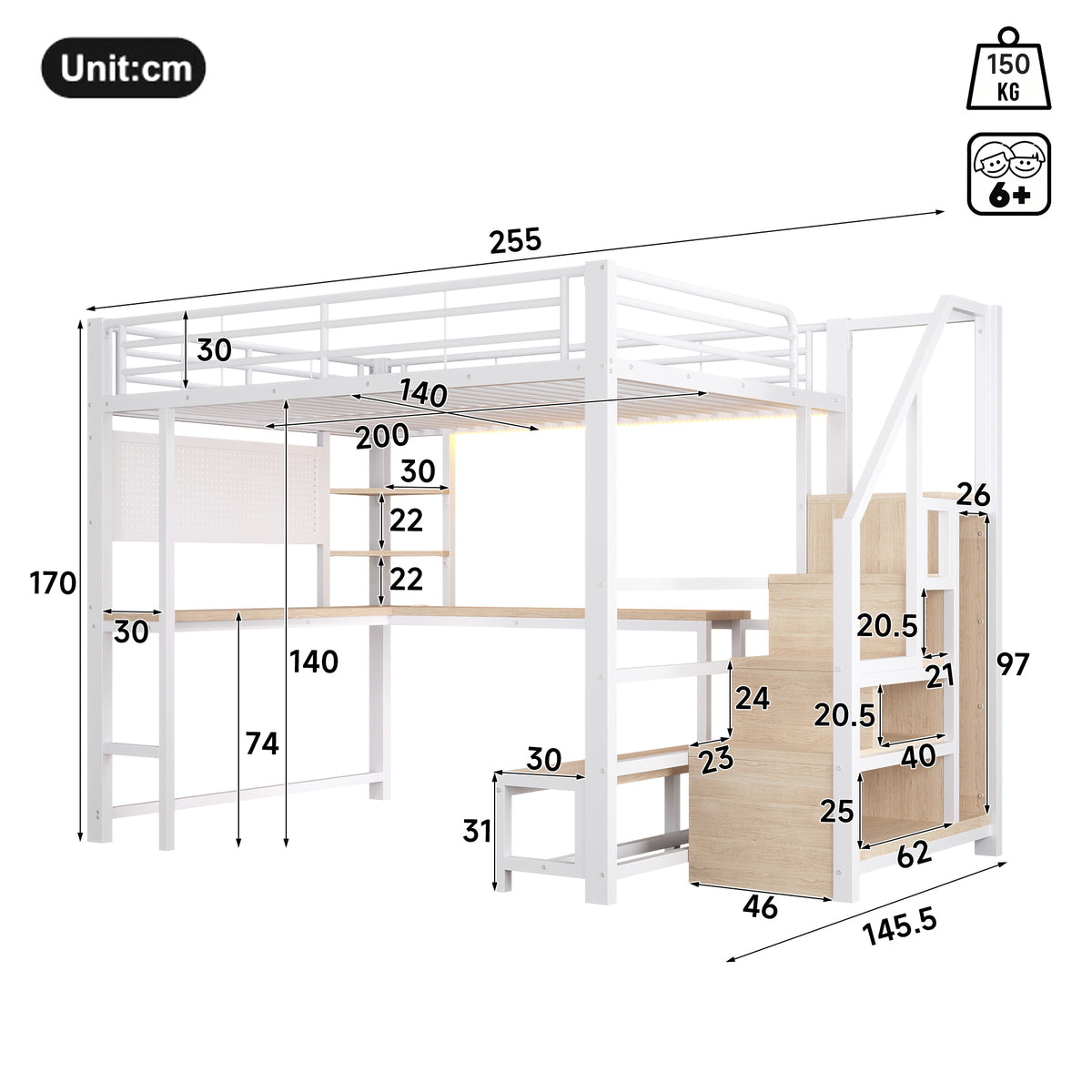 Loft Bed 140x200cm with Desk, Shelves & LED Lighting, White
