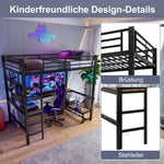 Loft Bed with Desk, Shelves, USB Sockets and LED Strip, Black Iron Frame