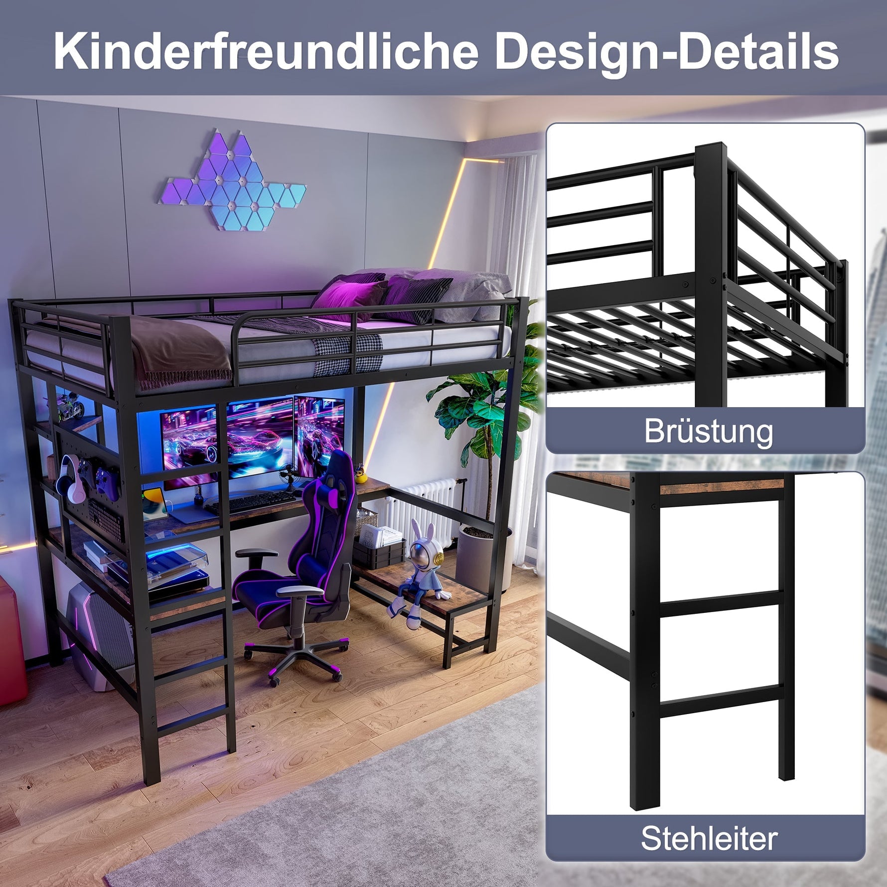 Loft Bed with Desk, Shelves, USB Sockets and LED Strip, Black Iron Frame