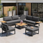 L-shaped Garden Sofa Set Weatherproof 7-Seater Corner Lounger Wooden Armrests Iron Grey/Beige