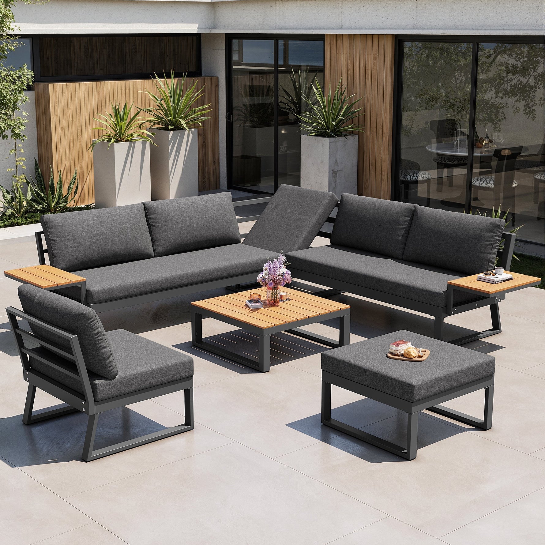 L-shaped Garden Sofa Set Weatherproof 7-Seater Corner Lounger Wooden Armrests Iron Grey/Beige