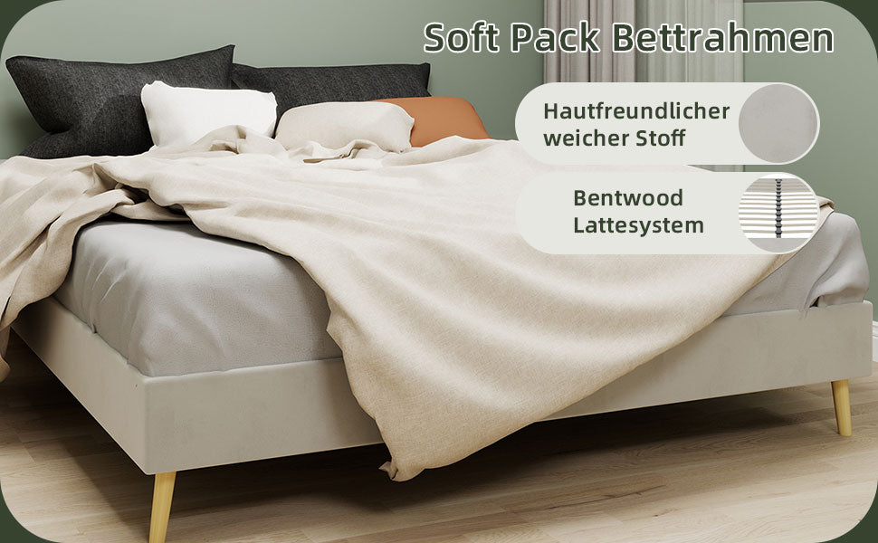 Modern Minimalist Bed Frame, Low-Profile 160x200 cm, Beige Dutch Velvet