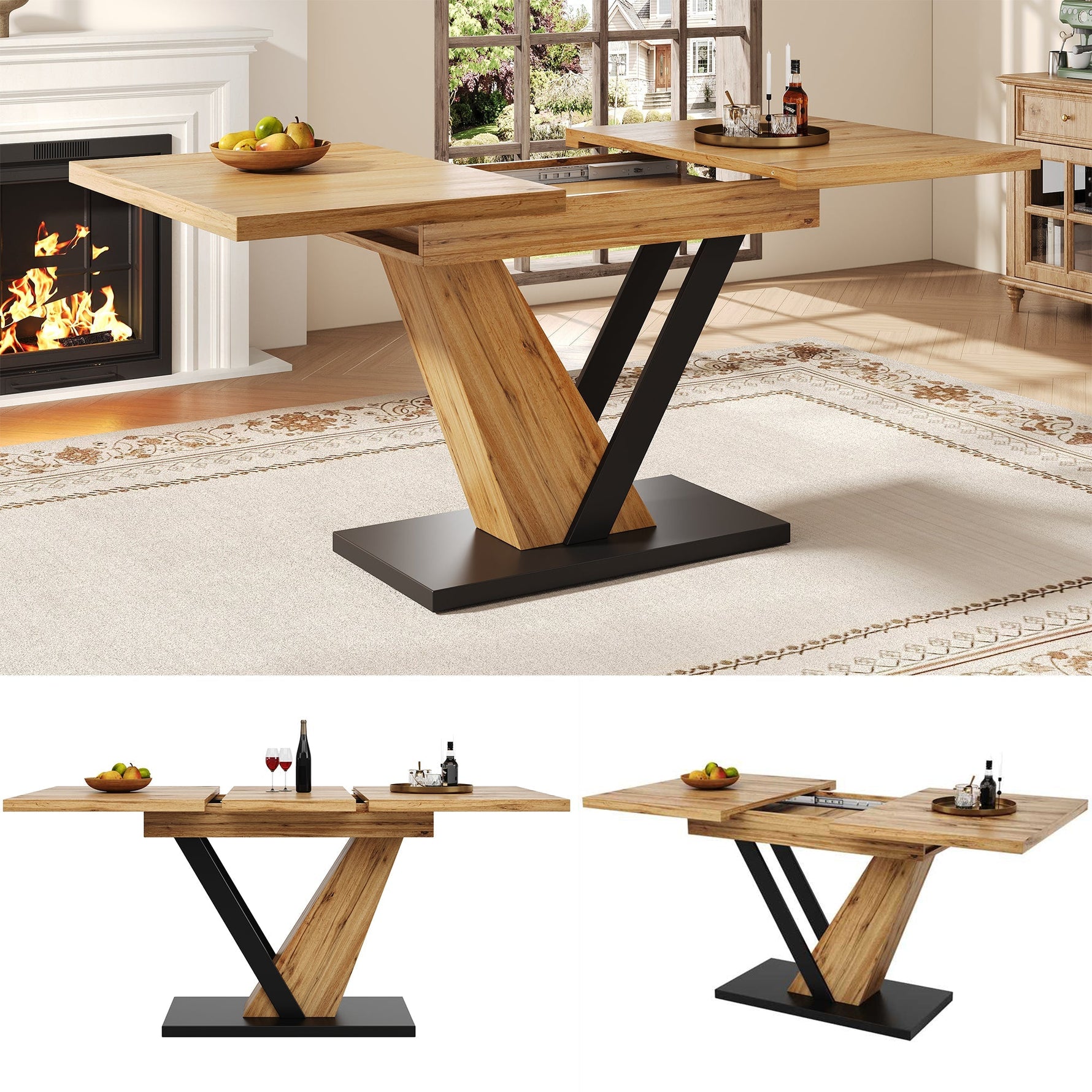 Extendable Dining Table with Internal Leaves and Seats 4-6, Wood Grain Finish