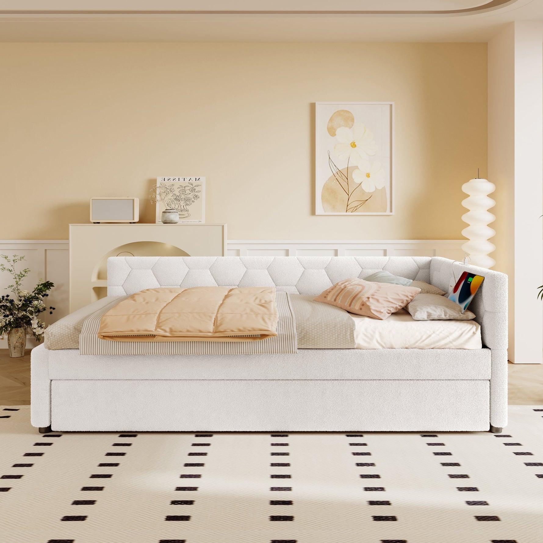 Daybed Sofa Bed 90x200cm Pull-Out Bed Lamp USB/Type-C - Fleece Imitation White