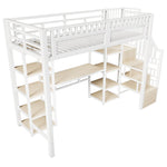 Loft Bed with Desk, Storage Ladder and LED Light Strip, White Metal Frame