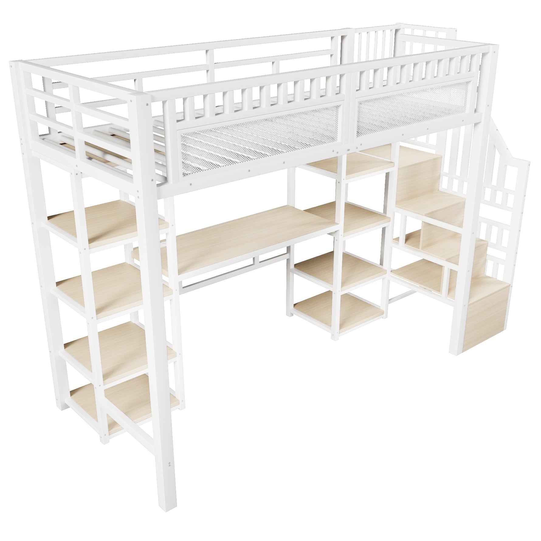 Loft Bed with Desk, Storage Ladder and LED Light Strip, White Metal Frame