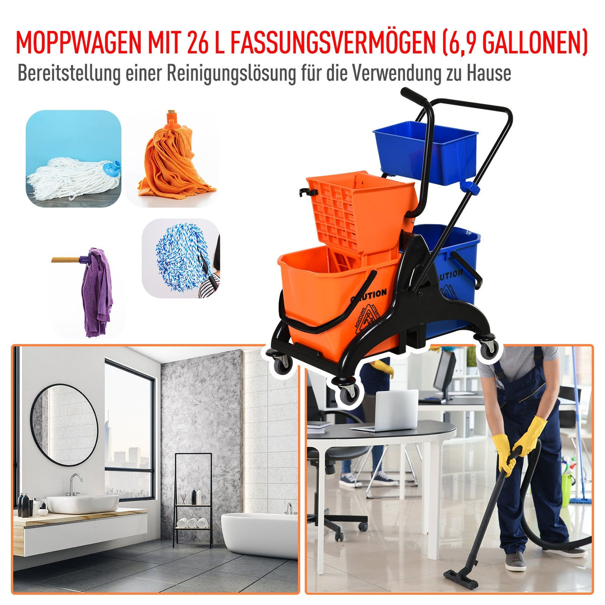 Cleaning Trolley Professional Jaw Press 2 Buckets Storage, Orange Blue