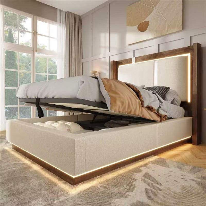 Youth Upholstered Bed 90x200 LED Bed Box - Linen Beige & Walnut