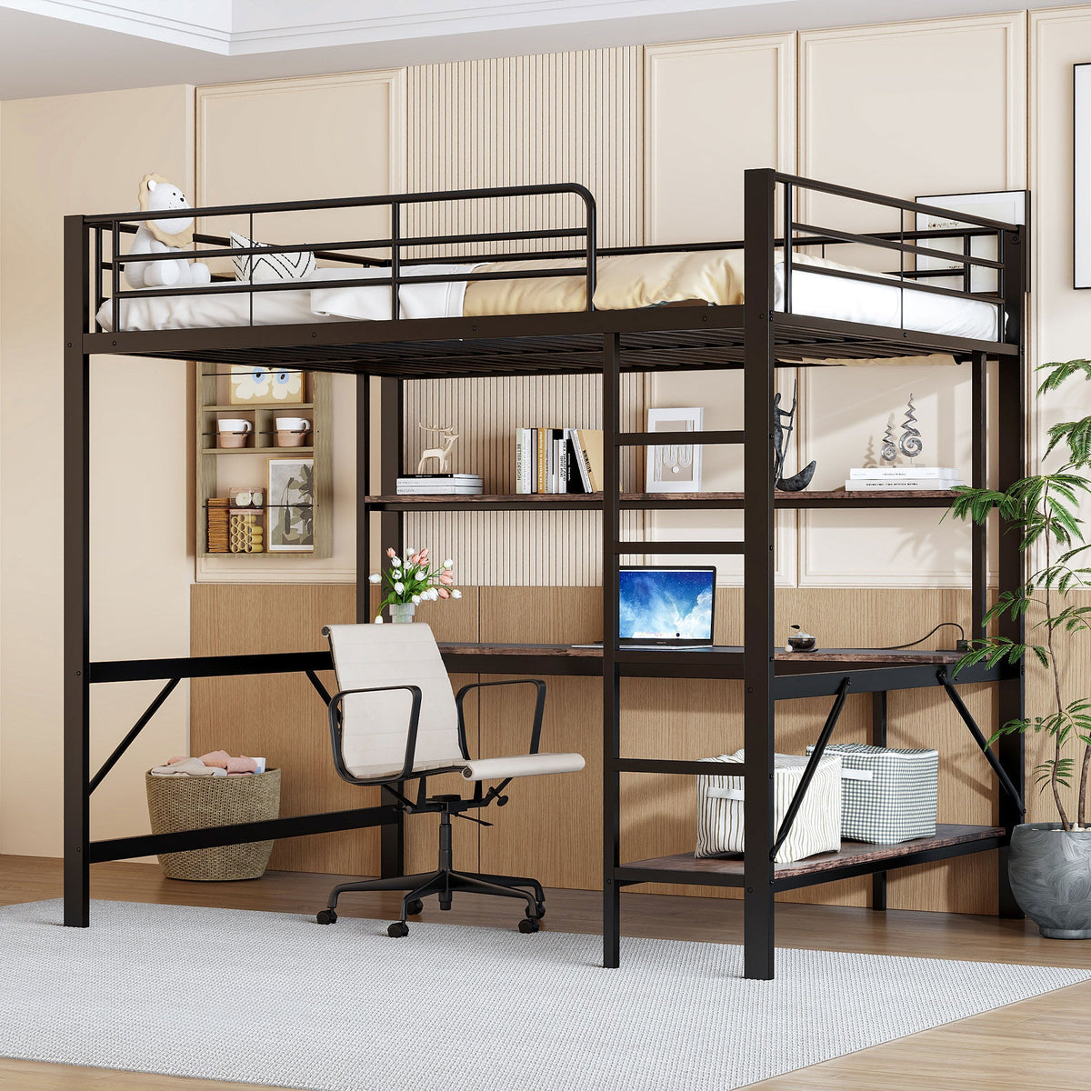 Loft Bed 140x200cm Desk LED USB/Power Outlet Shelf - Metal Black