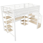 Loft Bed with Desk, Storage Ladder, LED Lights and USB Port, White Metal and MDF