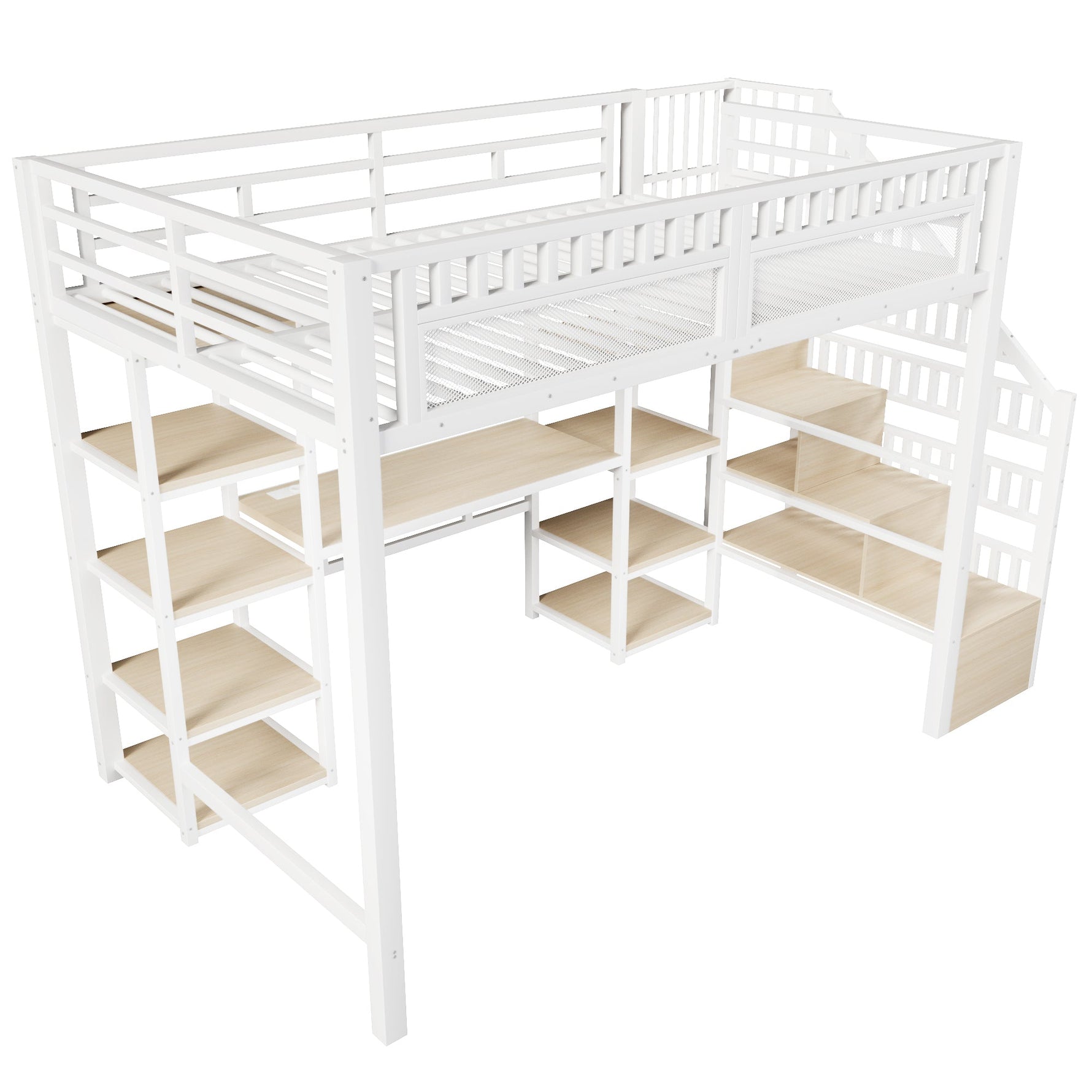 Loft Bed with Desk, Storage Ladder, LED Lights and USB Port, White Metal and MDF
