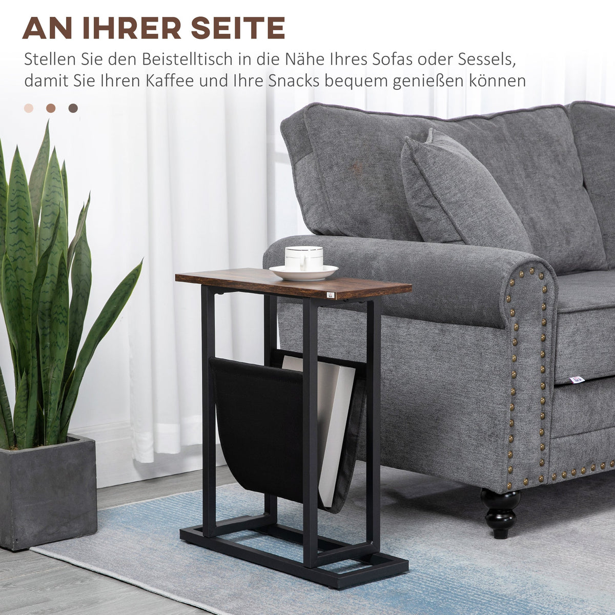 Side Table Coffee Table Nightstand, Fabric Bag Steel Frame, Dark Brown and Black