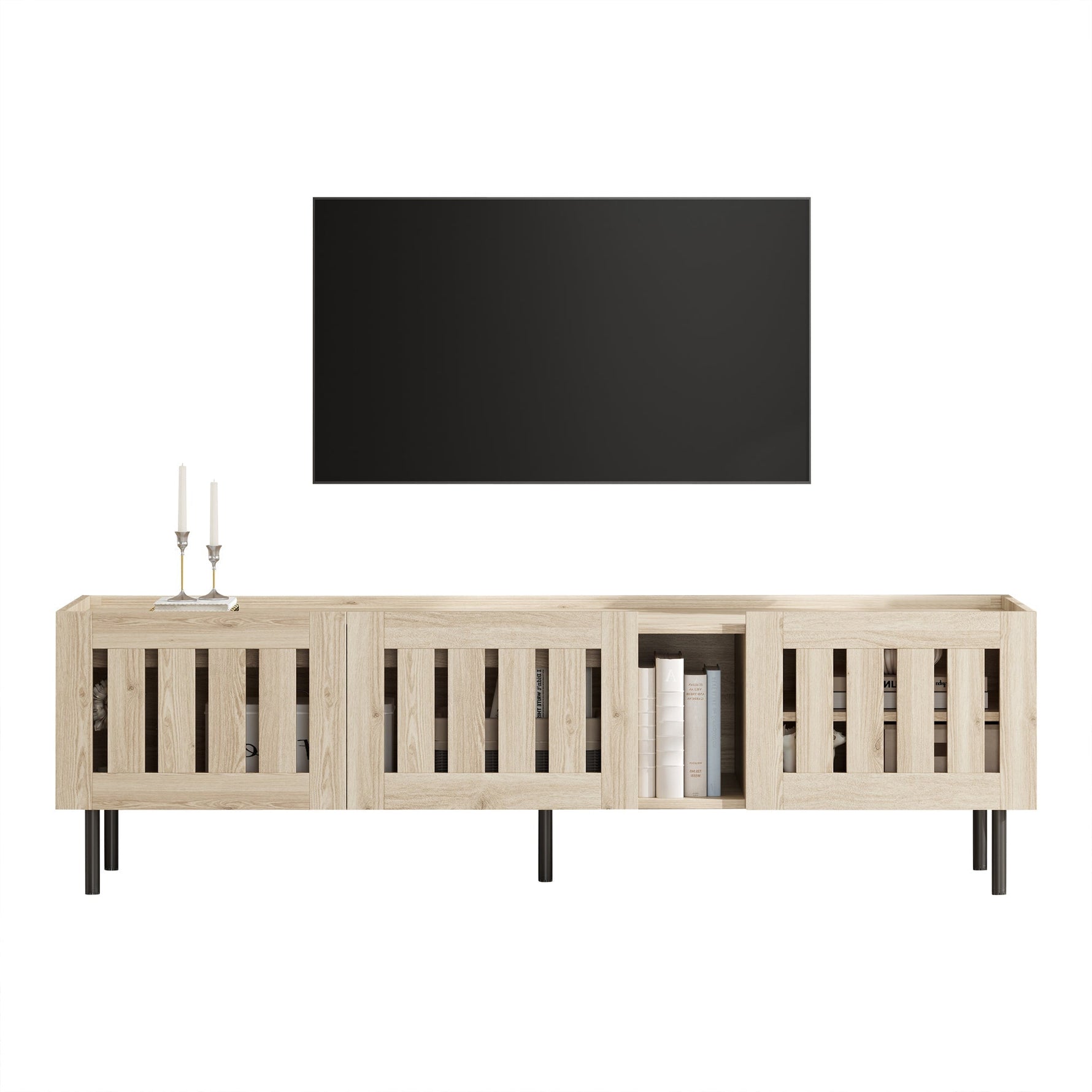 Minimalist Lowboard TV Stand 160cm Openwork Design for 65-inch TV - Natural Wood