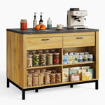 Kitchen Island Country Style 2 Drawers 4 Shelves Bar Area - Oak Wood/Black Marble