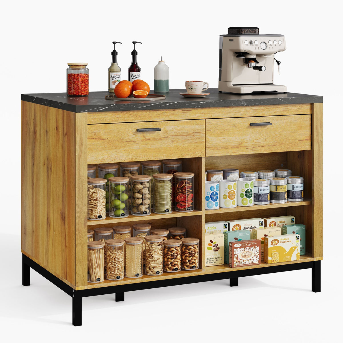 Kitchen Island Country Style 2 Drawers 4 Shelves Bar Area - Oak Wood/Black Marble