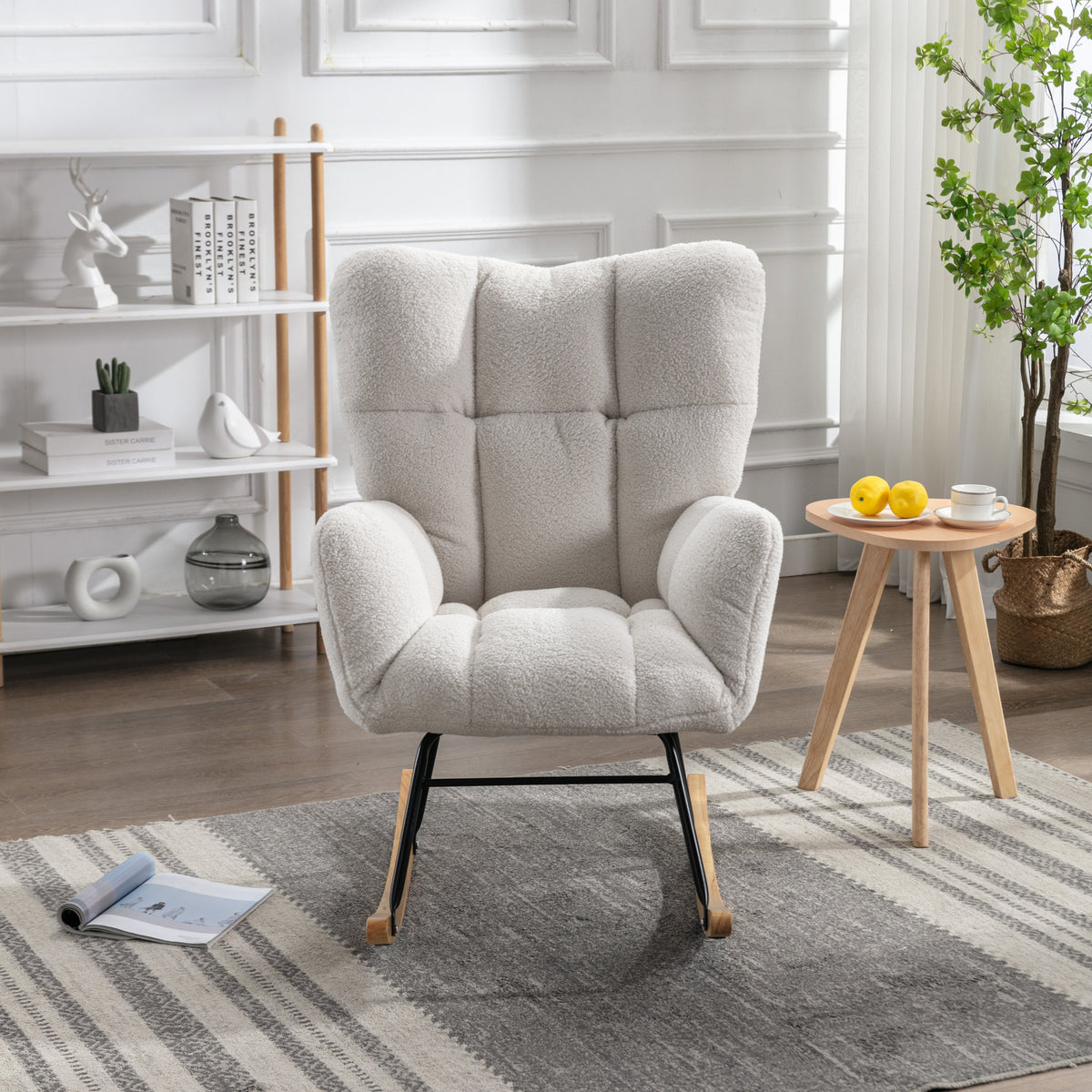 Mid Century Modern Rocking Chair with Tufted Cover, Padded Seat, White