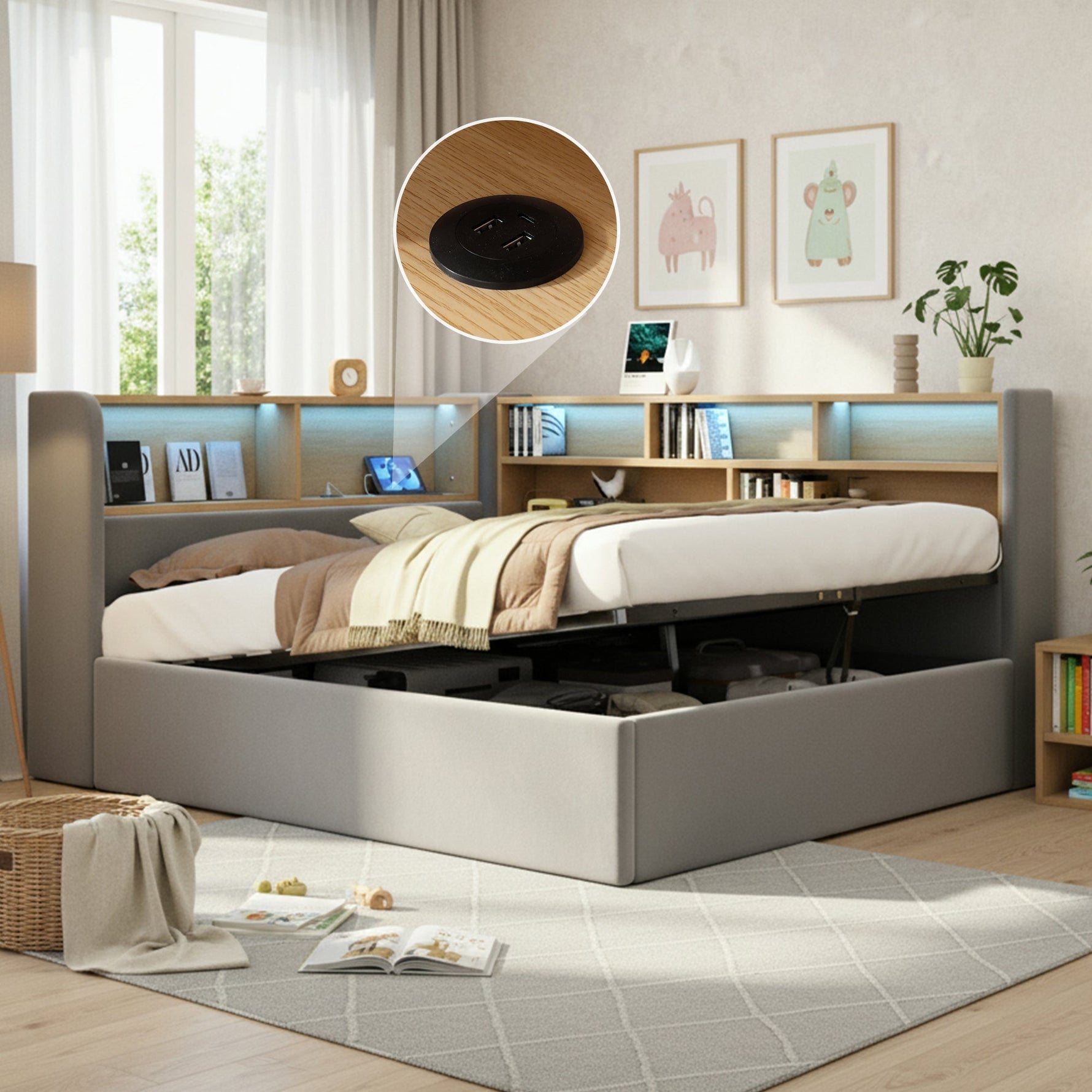 Daybed with Hydraulic Storage, LED, USB and Backrest, Grey Velvet