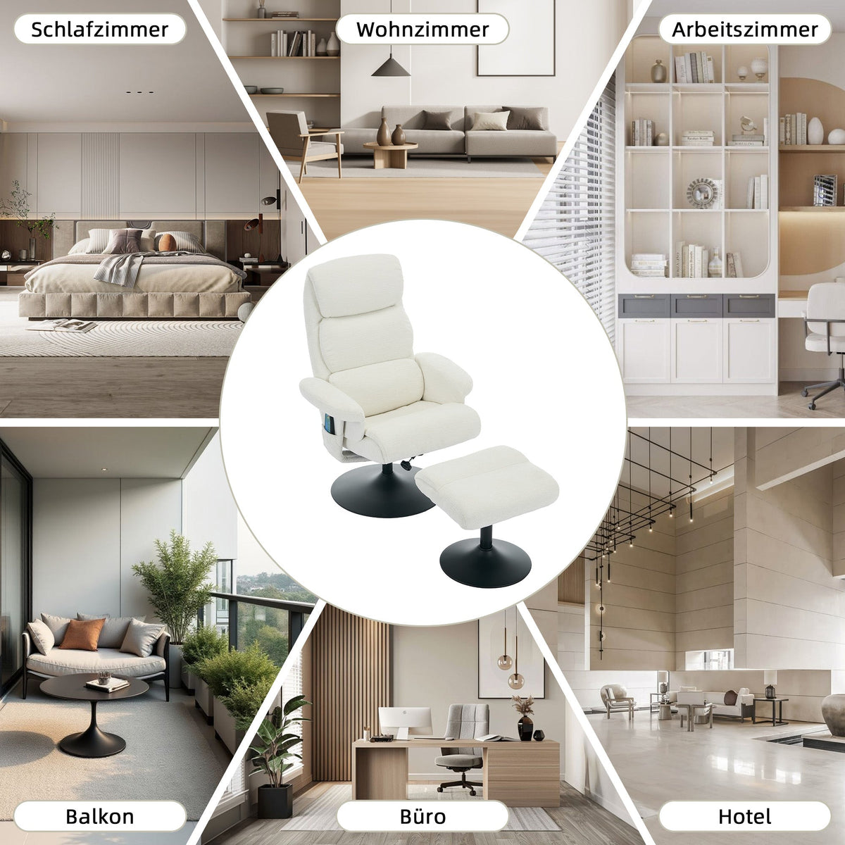 023 Recliner Chair, 5-Point Massage, Electric Heat, Footstool, 360° Swivel, Chenille Fabric White
