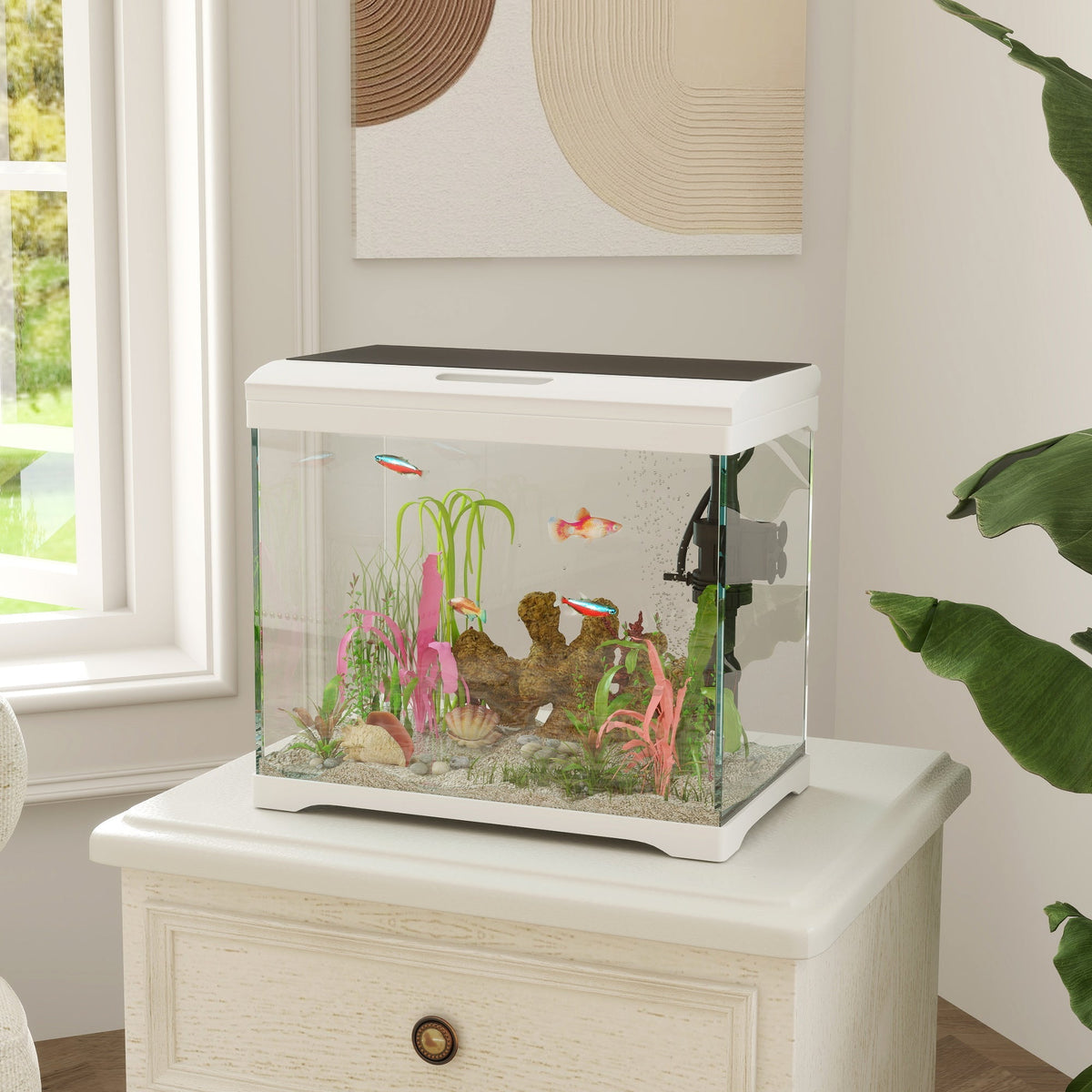 Aquarium, 17L Fish Tank with LED Lighting & Filter System, White
