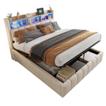 Upholstered Bed 180x200cm LED/USB, Hydraulic Storage Headboard, Beige Linen Fabric
