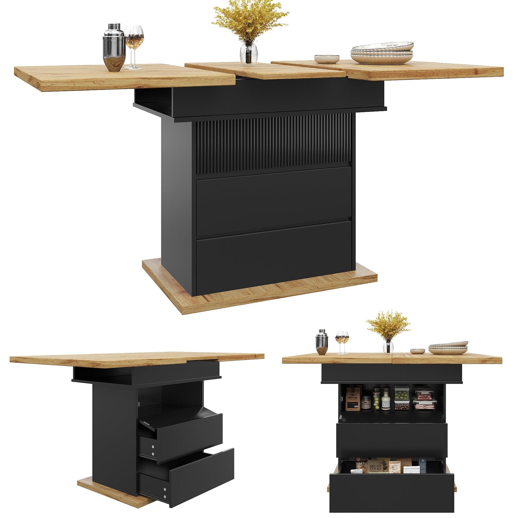 Telescopic Dining Table, Extendable with Storage Shelves for 4-6 People, Black