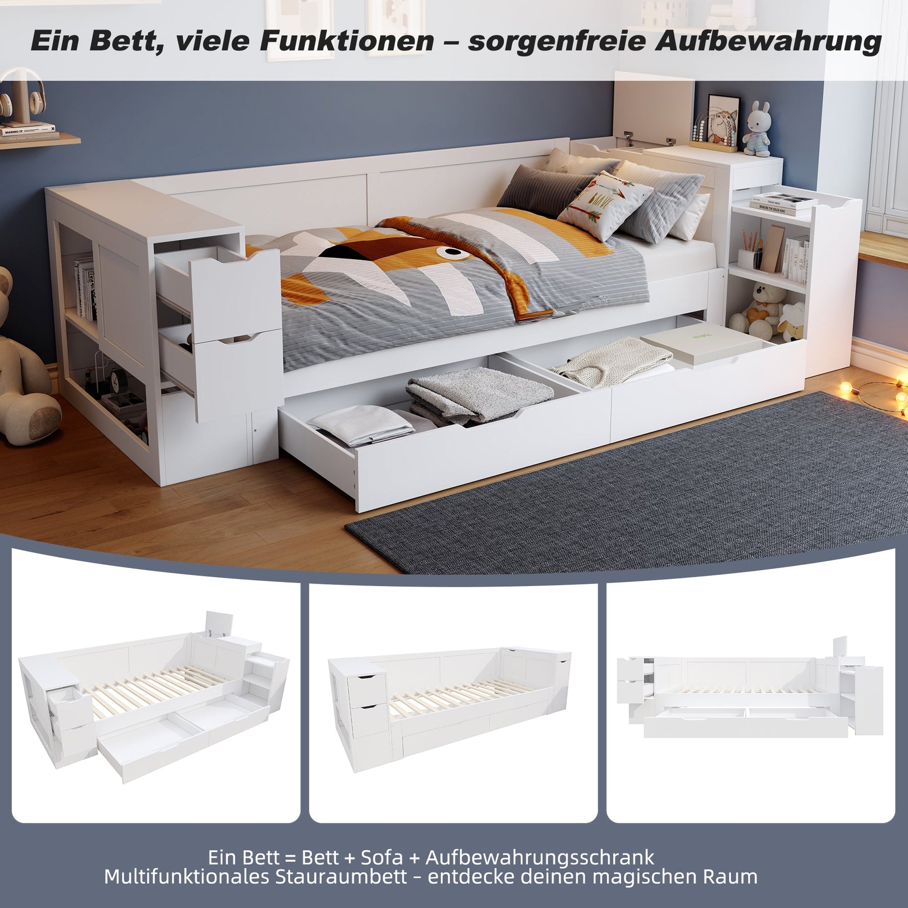 Multifunctional Storage Daybed with Drawers, Shelves and Bedside Tables, 140x200cm, White Wood