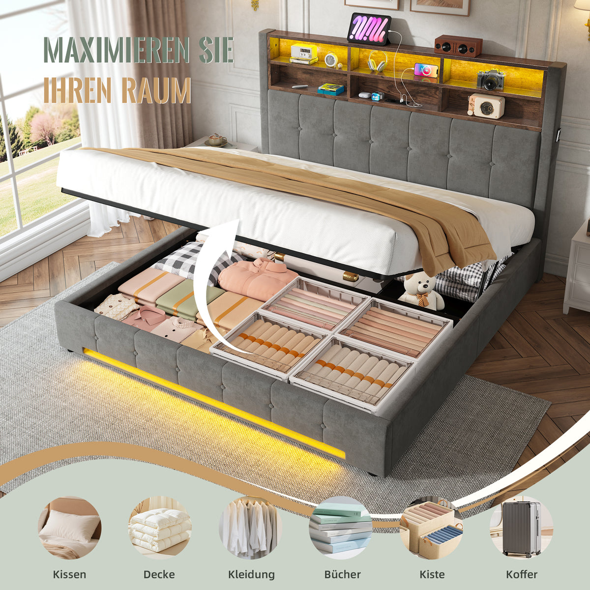 Storage Bed 180x200 cm with LED & Headboard in Velvet