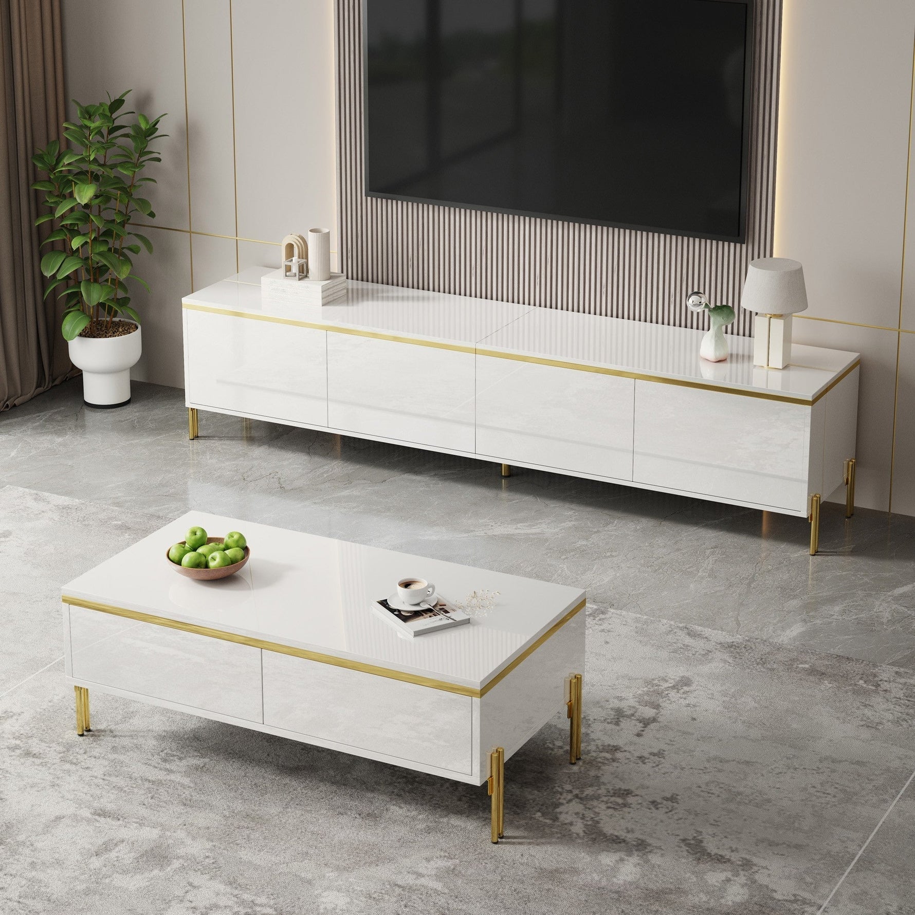 TV Cabinet and Coffee Table Set Modern Luxury High-Gloss Gold Edges Storage - Solid Color