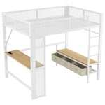 Metal Play Loft Bed 140x200cm, USB LED Desk Wardrobe Storage, White
