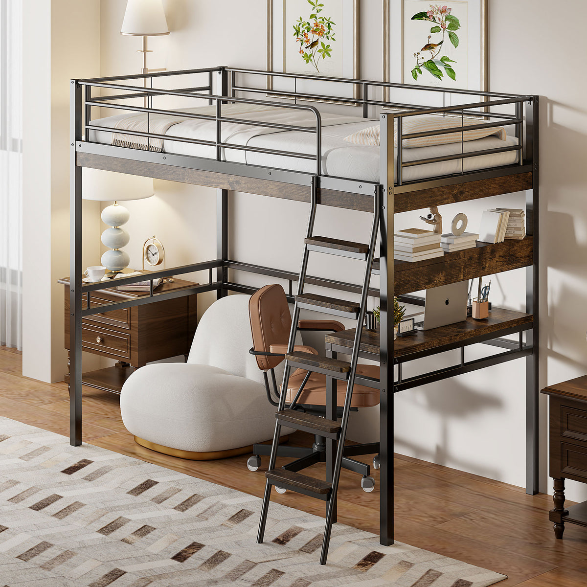 Loft Bed 90x200cm with Desk and Shelves, Black Iron