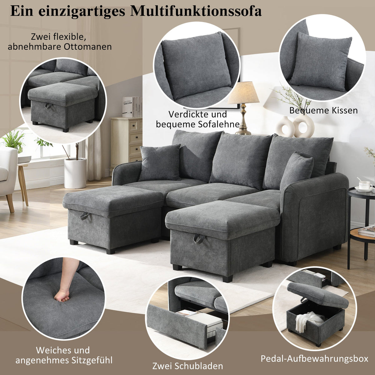 Corner Sofa U-Shaped Three-Seater Modular with Storage & Sleeping Function, Chenille