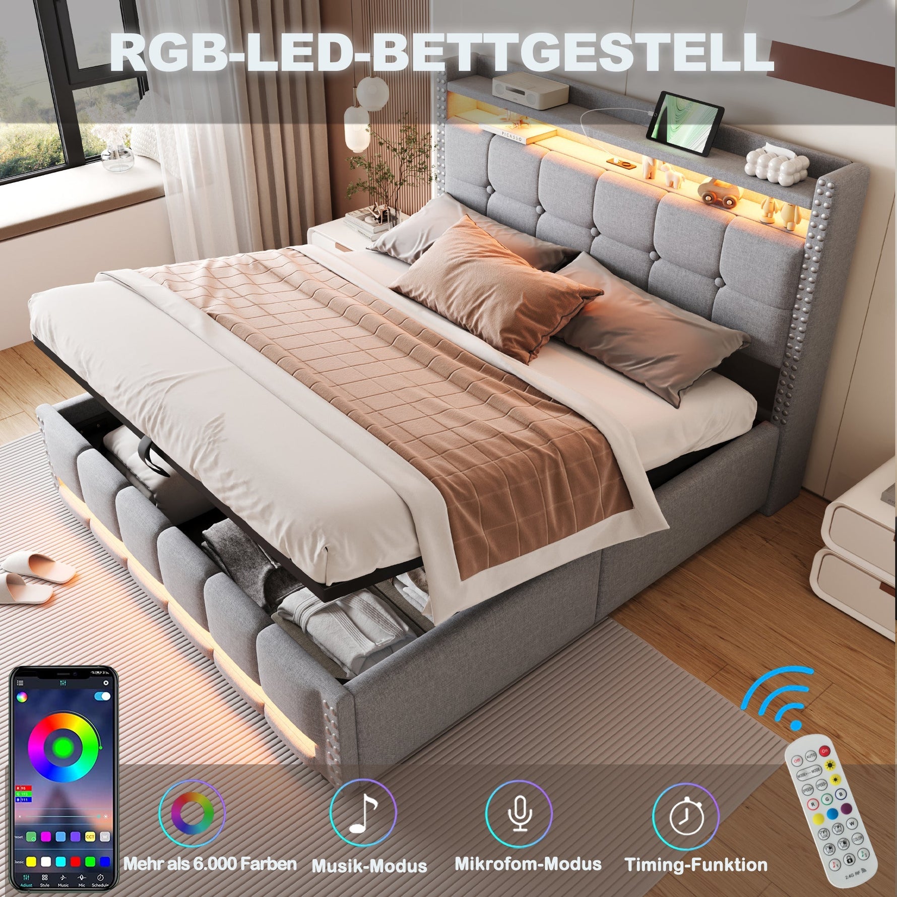 Upholstered Bed 160x200cm LED USB Hydraulic Storage Light Grey Linen Fabric