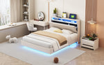 Upholstered Bed 140x200 cm with USB & LED Light, Reversible Headboard, Linen Fabric Beige
