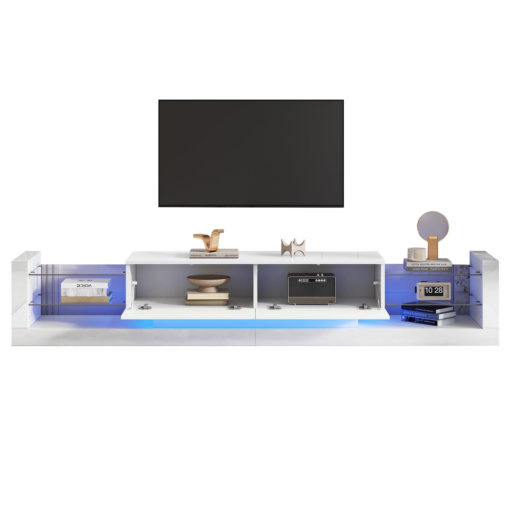 High-Gloss TV Cabinet, 181cm LED Lit, 80-inch Capacity with Glass Front and Two Folding Drawers