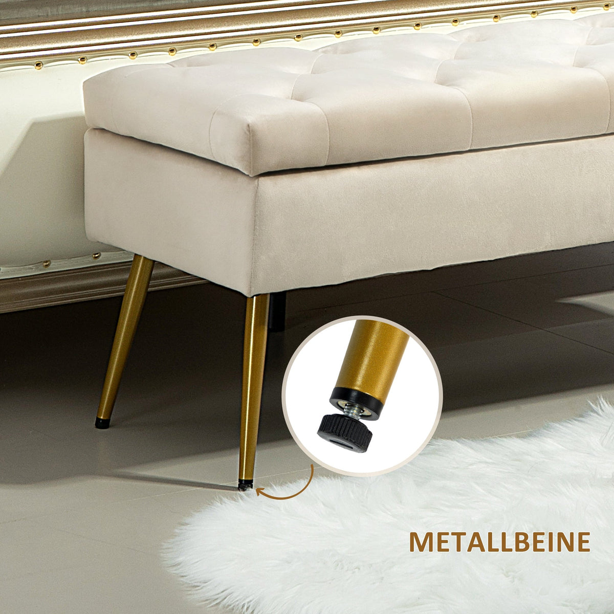 Bench with Storage, Upholstered Lid, Metal Frame, Beige