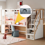 Wooden Loft Bed 90x200cm Wardrobe Desk Storage Stairs LED Sockets Wood Color
