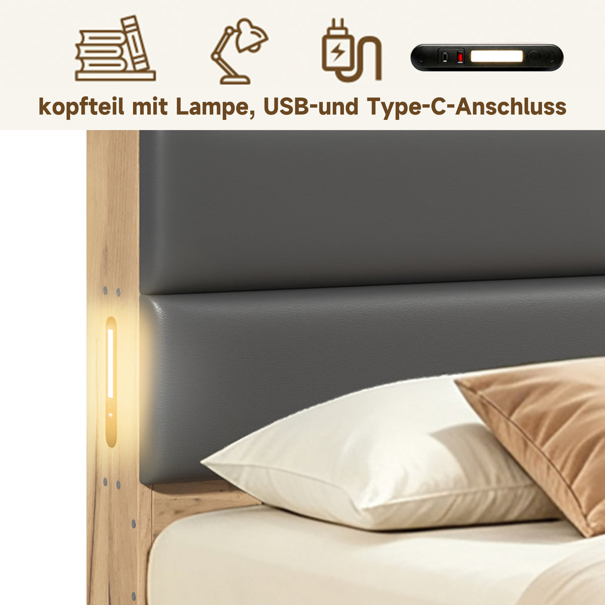 Single Storage Bed 90x200cm with USB & Drawers, Natural Wood