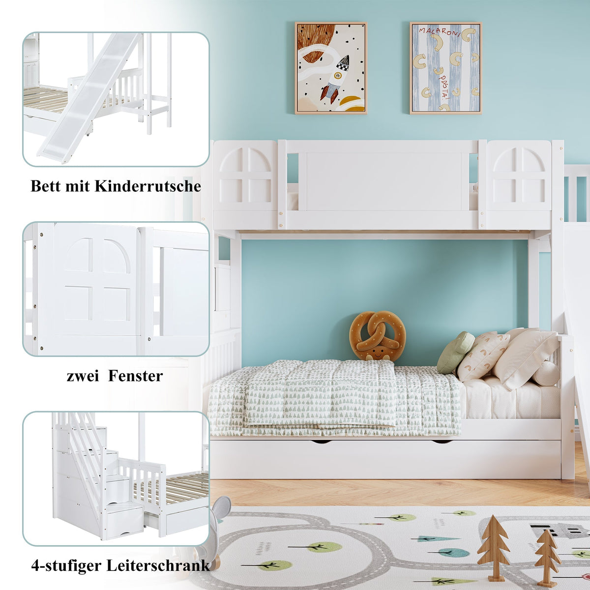 Bunk Bed, Children's with Slide, Drawers, Stairs & Lockers, Pine+MDF White