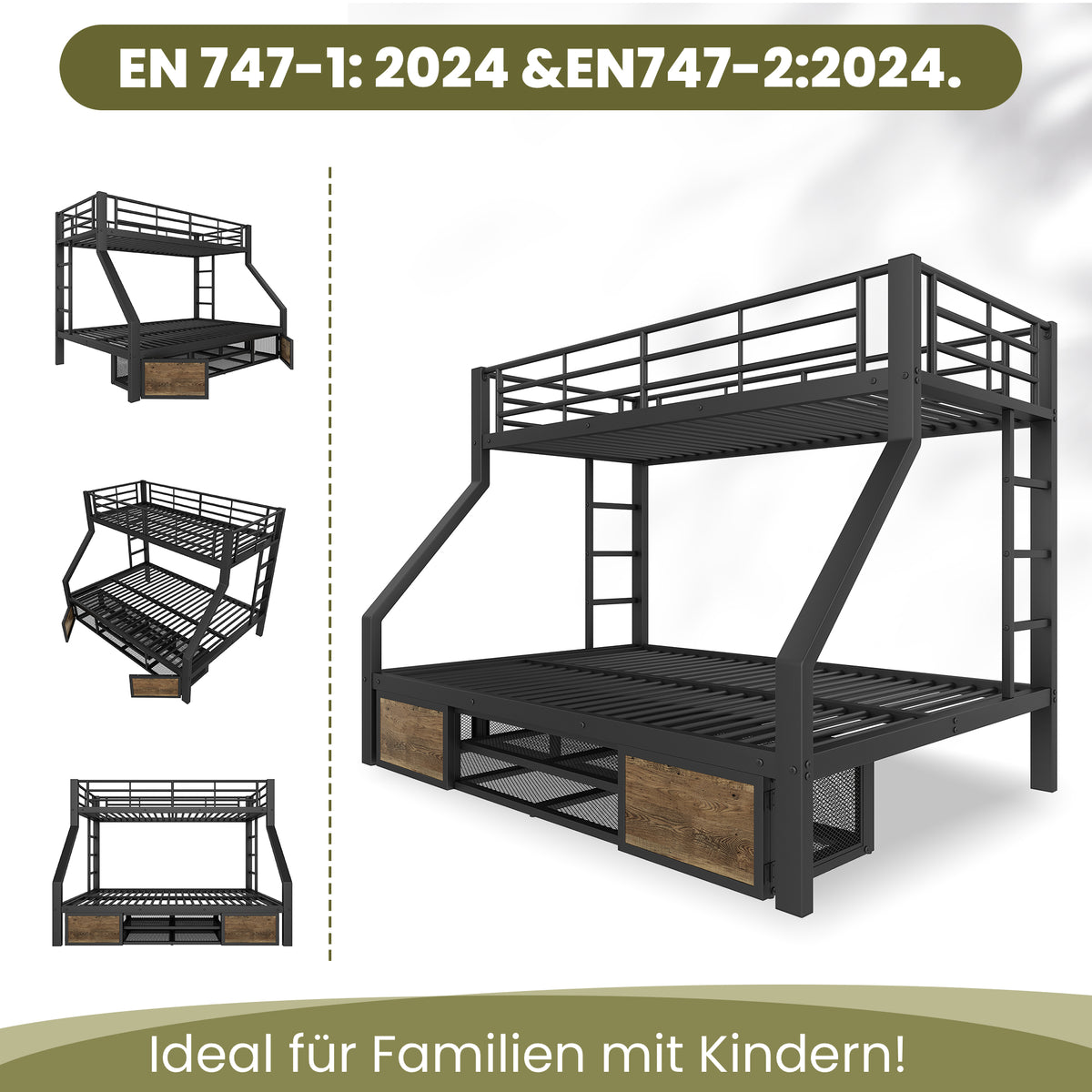 Children's Bunk Bed with Storage & Ladder 90x200/140x200 cm, Black