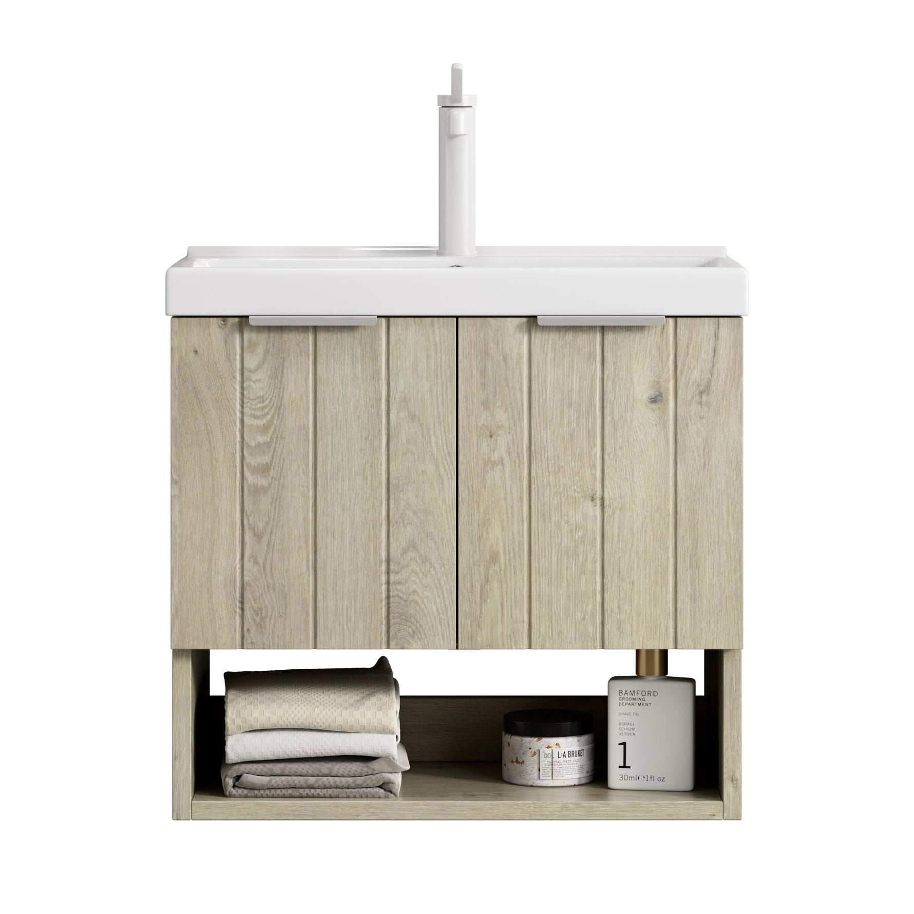 Wall-mounted Bathroom Vanity Unit with Ceramic Sink and Open Shelf, 55cm, Oak Cream