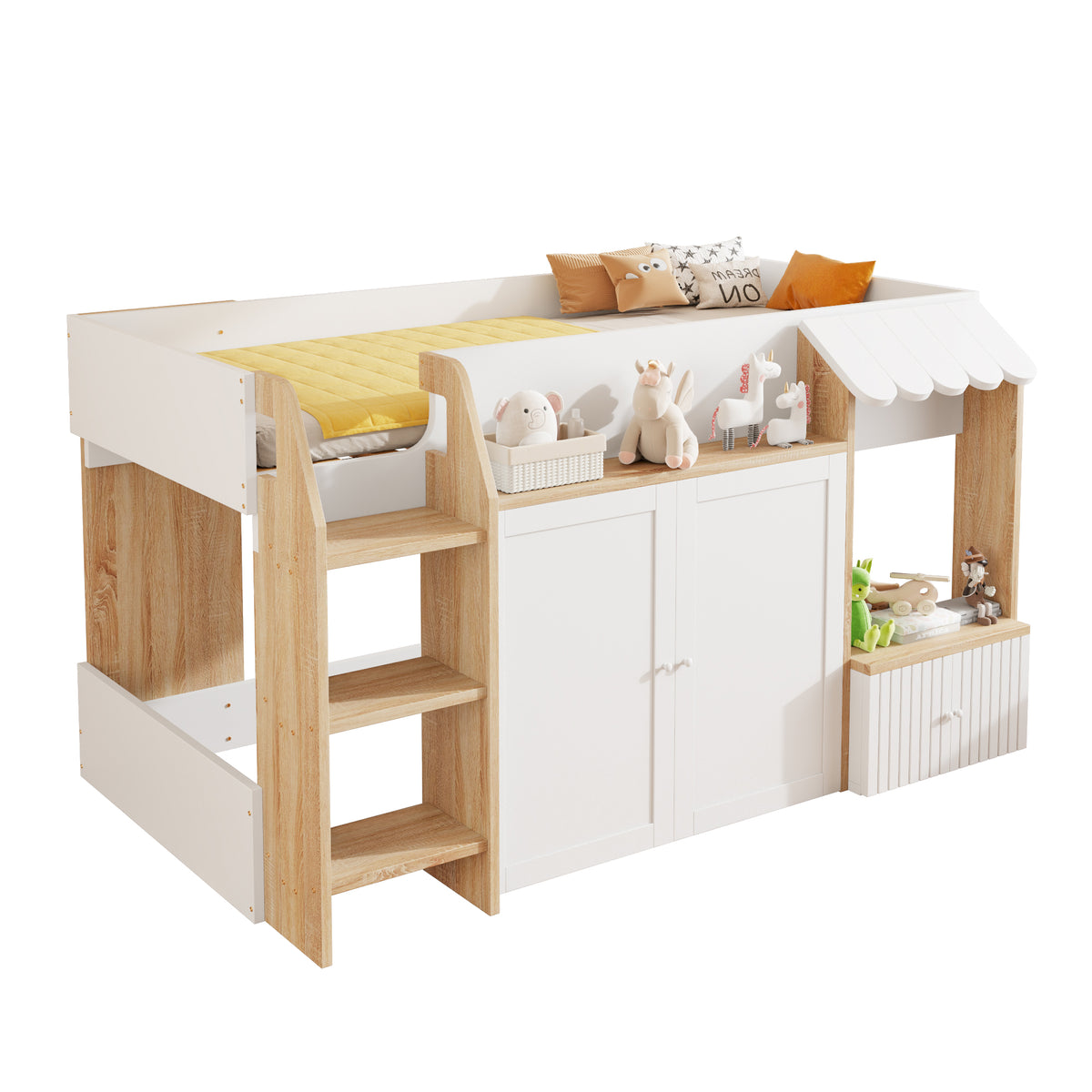 Children's House Bed 90x200cm with Storage & Ladder, Solid Wood