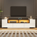 TV Stand Lowboard L-Shaped LED Light Drawers for 75-Inch TV, High Gloss White/Black