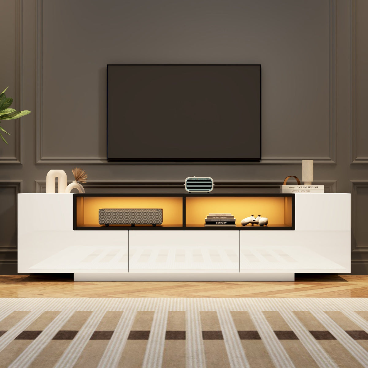 TV Stand Lowboard L-Shaped LED Light Drawers for 75-Inch TV, High Gloss White/Black